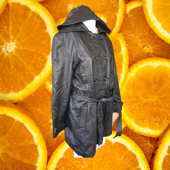 Giorgio Sant Angelo Black Leather‎ Hooded Trench with Belt Size L - Picture 1 of 8